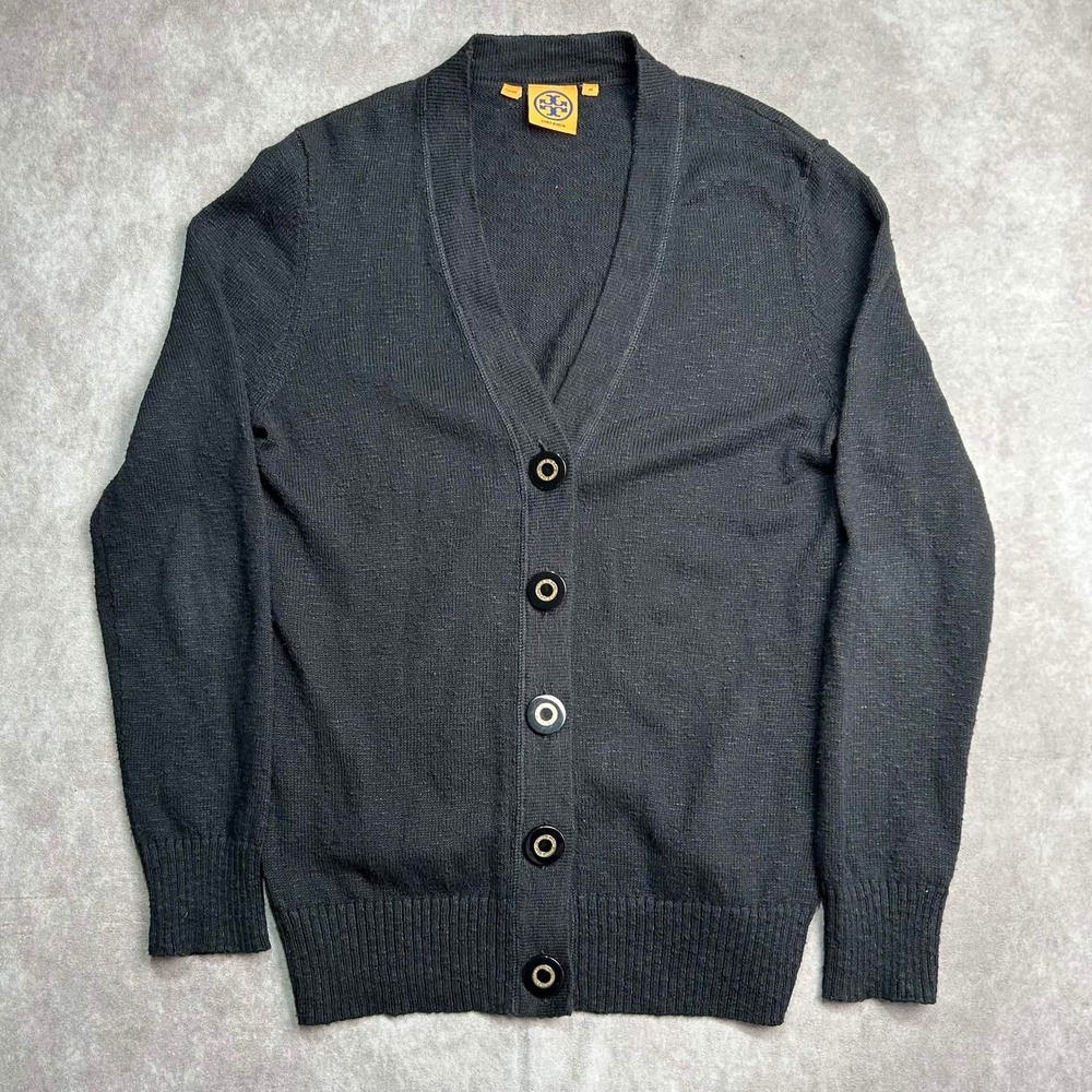 Tory Burch Black Cotton Linen V-Neck Cardigan Sweater Logo Buttons MED